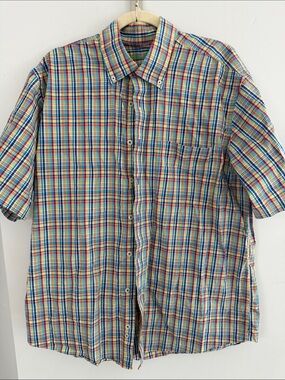 Alan Flusser Mens Large 100% Cotton Short Sleeve red yellow blue plaid button up